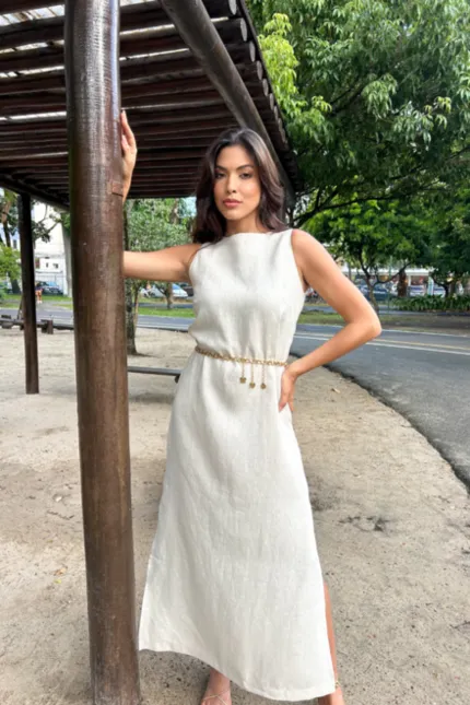 VESTIDO REGATA STELLA COM FENDAS LATERAIS EM LINHO PURO