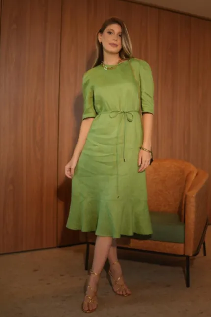VESTIDO MÍDI MAJU COM MANGA EM LINHO PURO