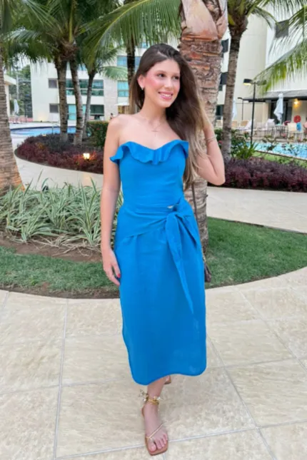 TOP CORSET LILY COM PEPLUM NO DECOTE EM LINHO PURO