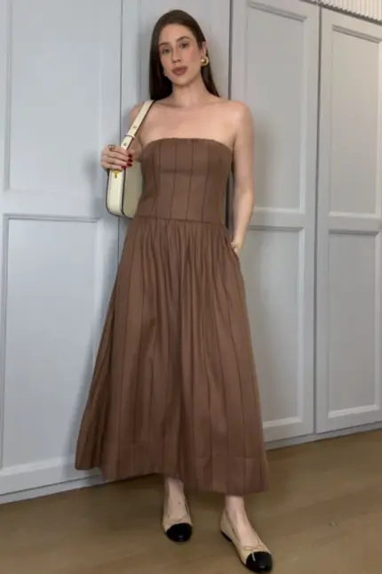 VESTIDO MÍDI SERENA SEM ALÇA  COM SAIA FRANZIDA