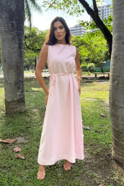 VESTIDO REGATA OLGA COM AMARRAÇÃO EM LINHO PURO