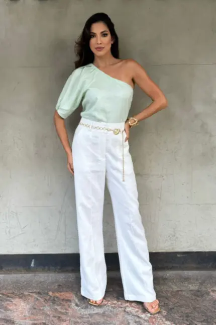 BLUSA UNILATERAL ROMANA EM LINHO PURO