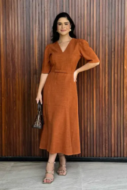 VESTIDO FLORENÇA MANGAS COM RECORTES E CINTO LAÇO
