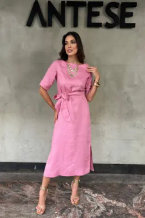 VESTIDO MÍDI LANA COM MANGA EM LINHO PURO