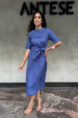 VESTIDO MÍDI LANA COM MANGA EM LINHO PURO