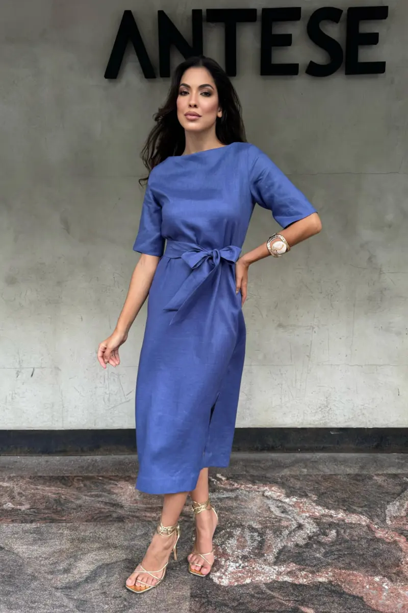 VESTIDO MÍDI LANA COM MANGA EM LINHO PURO
